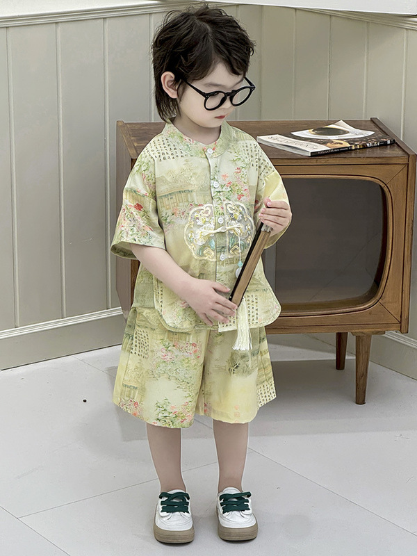 新しい子供の中国風スーツ夏の男の子の唐スーツ漢服半袖9点パンツ古代スタイルの新しい中国風の2点セット|undefined