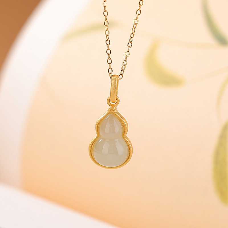 Mặt dây chuyền bạc S925 mạ vàng đính ngọc Hetian tự nhiên hình quả bầu phúc lộc — Phong cách nhân vật Fu (mặt dây chuyền đơn)