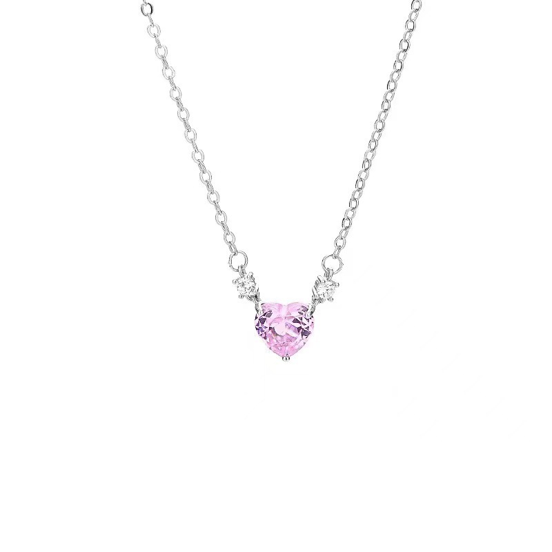 Korean and Japanese Trendy Fashion Heart Pink Diamond Necklace Ins Sweet Girl Heart Pendant Necklace for Women Gift for Girlfriend or Best Friend