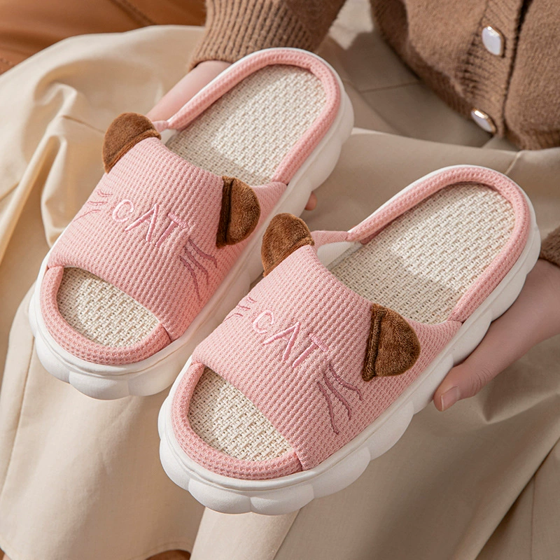 Мультяшный котенок льна мужской и женский открытый палец летняя мода дома Льняные тапочки