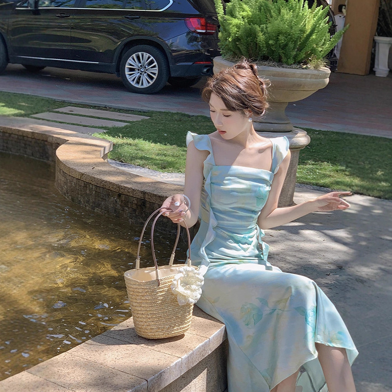 Seaside Vacation Dress Mint Ice Gradient Party Spaghetti Strap Dress Women's Summer French Style Waist-Cinching Gradient Fishtail Dress