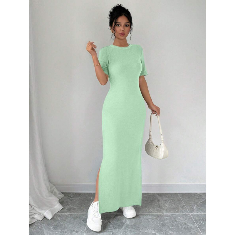 Amazon European and American Cross-Border 2026 Summer New Simple Casual Pure Desire V-Neck Solid Color Short-Sleeve Long Dress Amazon European and American Cross-Border 2026 Summer New Simple Casual Pure Desire V-Neck Solid Color Short-Sleeve Long Dress