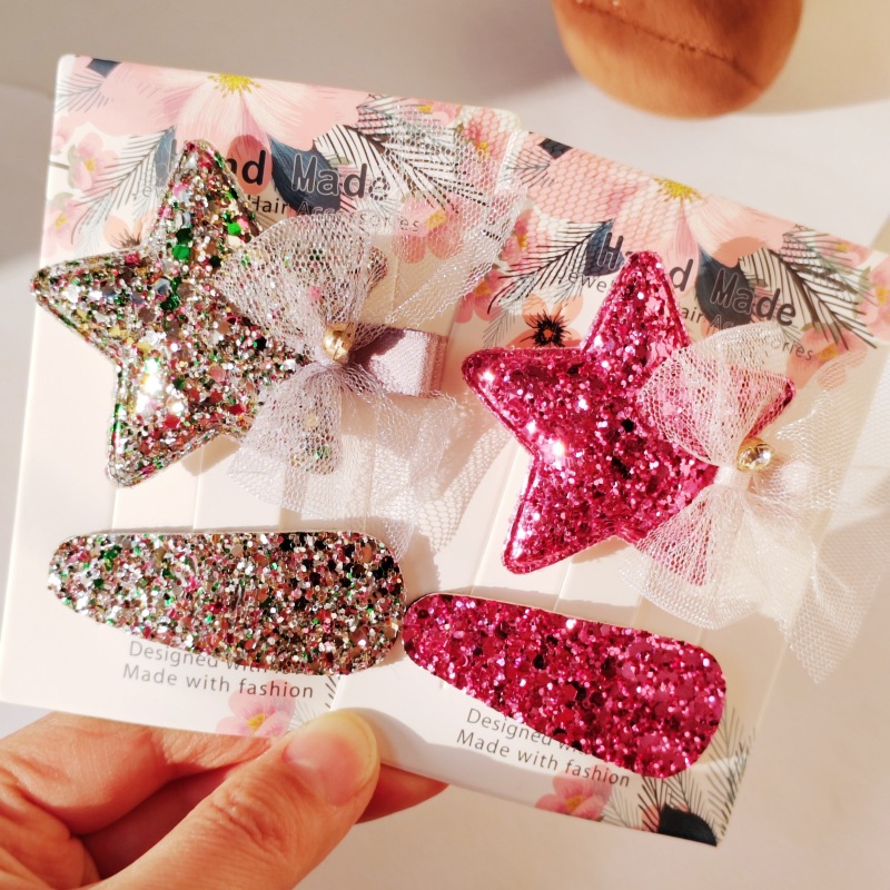 IG Style Sweet Star Bow Knot Cloth Sequins Lace Hair Clip 2 Pieces Set display picture 2