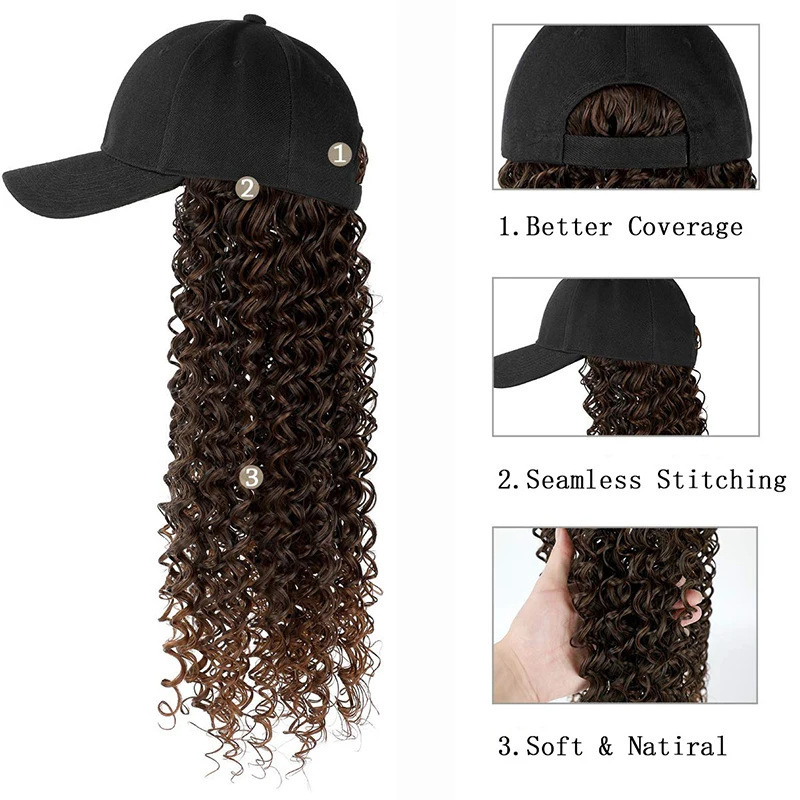 Perucas de comercio exterior, pelo largo rizado africano, sombrero de béisbol negro, pelo integral, espuma, rollo pequeño, falso natural, inventario