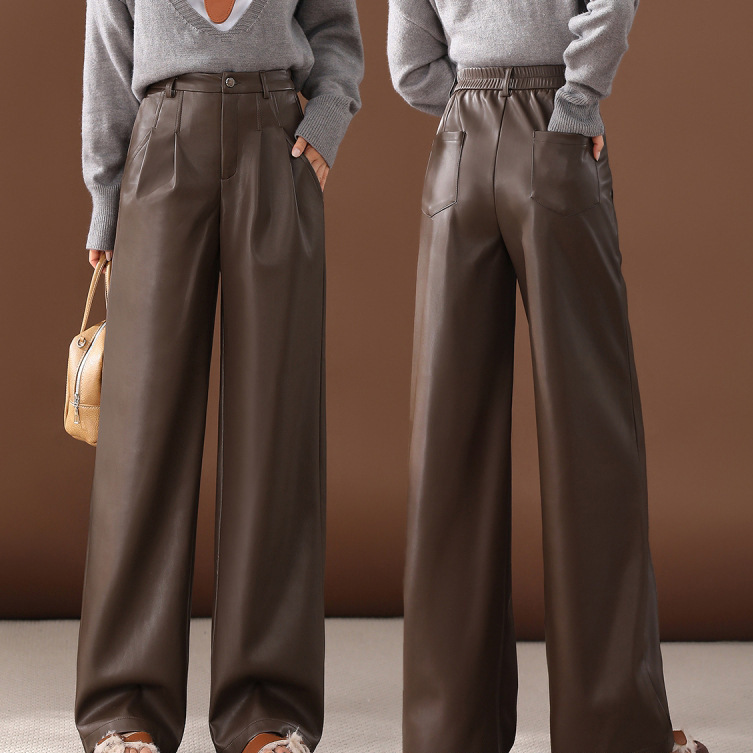 Brand Leather Pants Wide Leg Pants Autumn Long Dosing Slim-Fit Straight Pants High Waist Slimming Commuter Fashionable Casual Pants Brand Leather Pants Wide Leg Pants Autumn Long Dosing Slim-Fit Straight Pants High Waist Slimming Commuter Fashionable Casual Pants