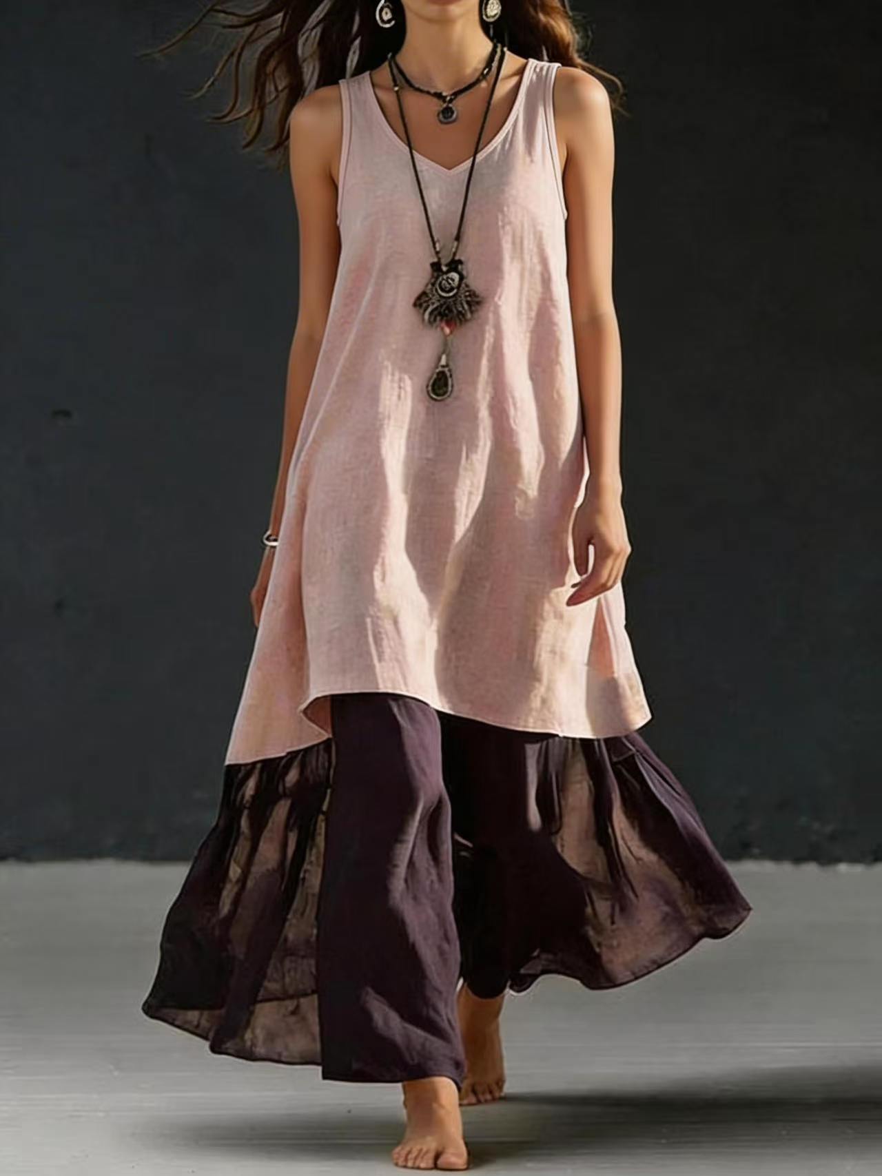 Europa y los Estados Unidos primavera y verano transfronterizos temu color sólido vestido largo suelto sin mangas V-collar chaleco casual vestido de mujer