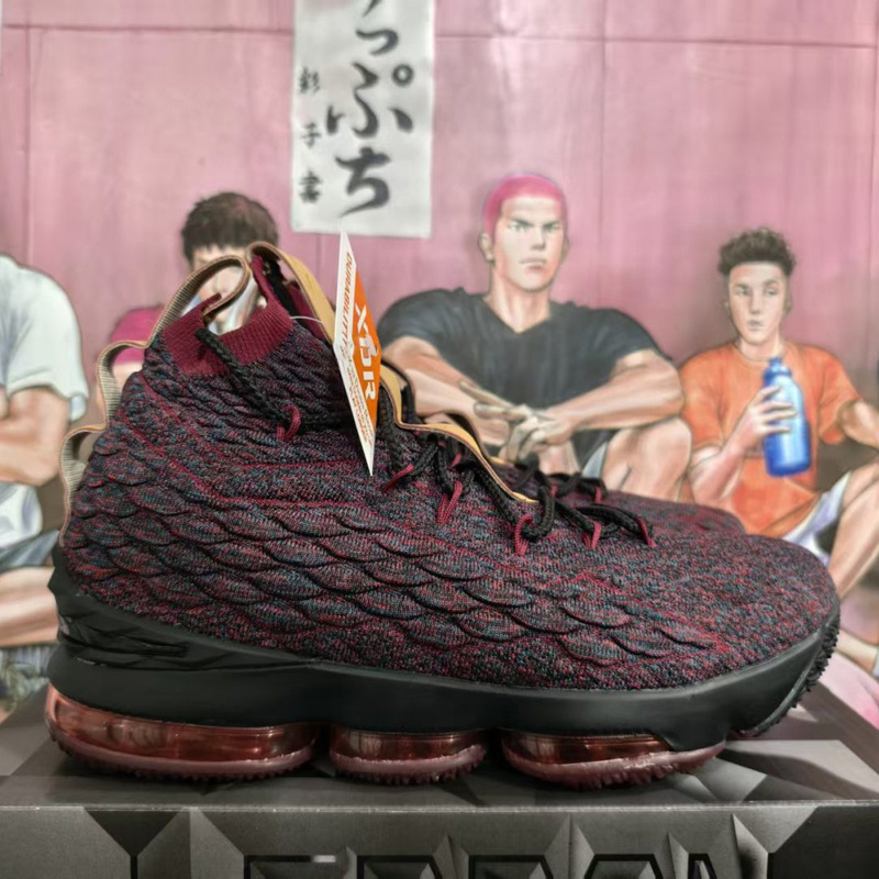 Pure Original Lebron 15 Cavaliers Basketball Shoes Black and Red Fabric Breathable Practical Training Sneakers Men's Casual Sports Shoes