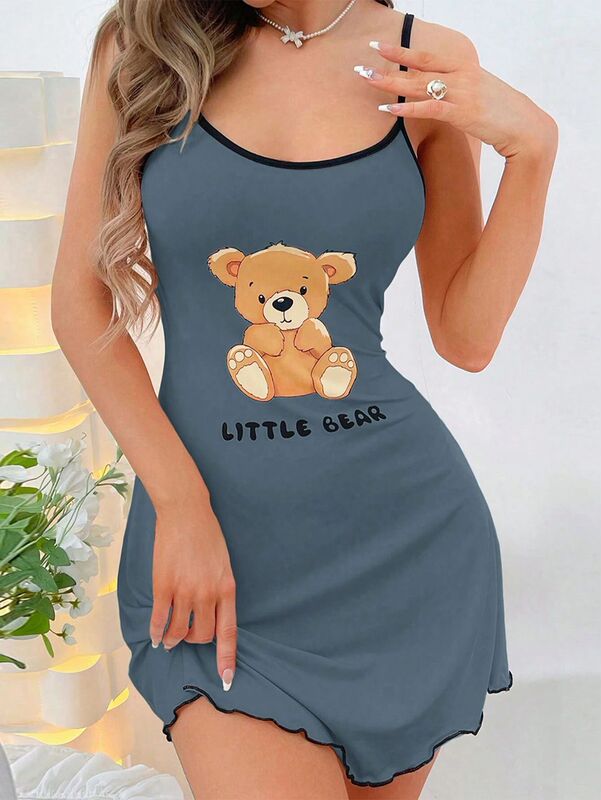 国境を越えたヨーロッパとアメリカのアマゾン貿易 Xiyin ホット販売夏の新しいパジャマ女性のクマプリントサスペンダーナイトガウン新しい|undefined