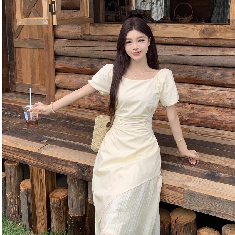 大码法式不规则方领连衣裙女夏季胖MM遮肚显瘦裙子时尚短袖A字裙|undefined