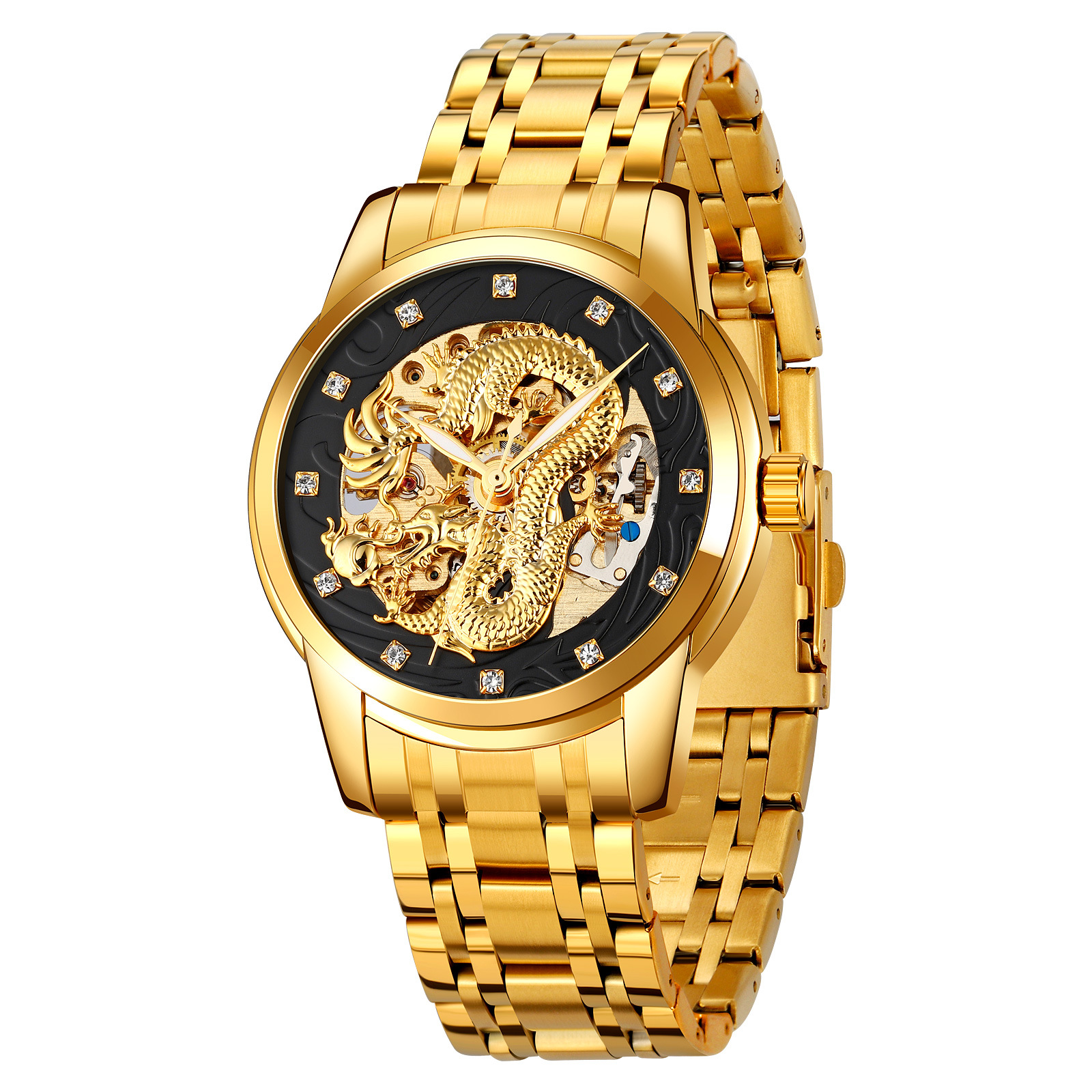 Momento de belleza en relieve de oro dragón penetrante reloj mecánico con diamante correa de acero impermeable reloj de hombre comercial personalizado transfronterizo al por mayor