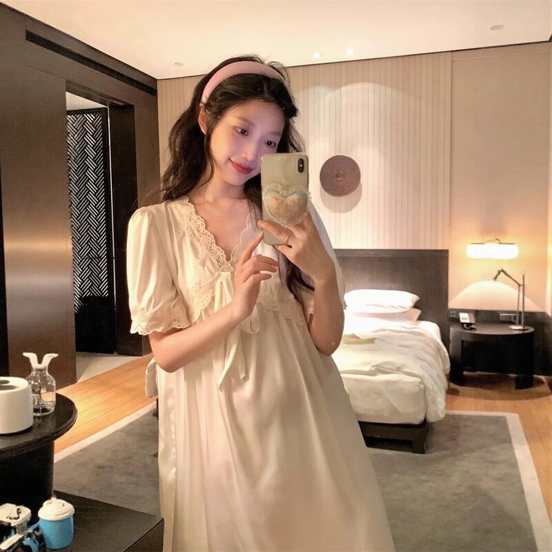 Korean Style 2026 Spring and Summer New Nightgown for Women, Sweet and Pure Style Home Wear, Bow Lace Ice Silk Nightgown