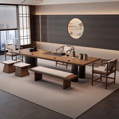 新中式实木大板办公室茶桌椅组合商务风茶室原木茶台2025新款