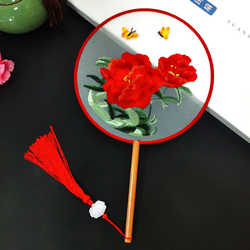 团扇双面刺绣长柄圆扇仿真丝半透绣花宫廷扇子旗袍汉服拍照舞蹈扇