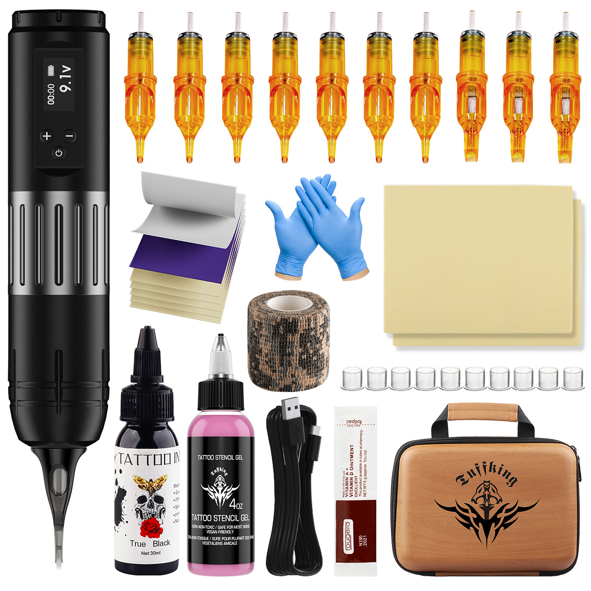 Set de máquina de tatuaje para principiantes, conjunto completo de herramientas de tatuaje para principiantes, dragón amarilla, línea de corte, niebla, aguja transfronteriza