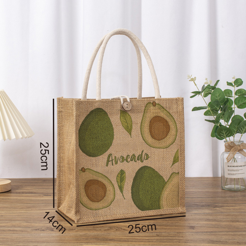 El aguacate tiene 25 de largo, 14 de ancho y 25 de alto; Color natural del yute; Yute