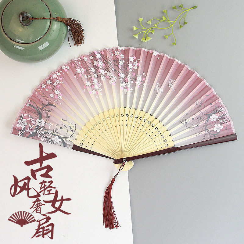 扇子女国风便携折扇旗袍流苏竹扇旗袍拍照古典跳舞扇古风小扇