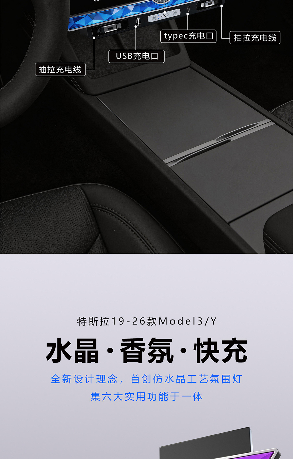 Suitable for Tesla Model 3/Y Central Control Screen Expansion Dock, Crystal Electronic Fragrance System, Car Charger