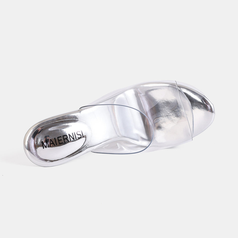 Dép sandal nữ quai ngang gót siêu cao 9 cm mũi hở phong cách Âu Mỹ — bạc, màu vàng, đen chi tiết 6