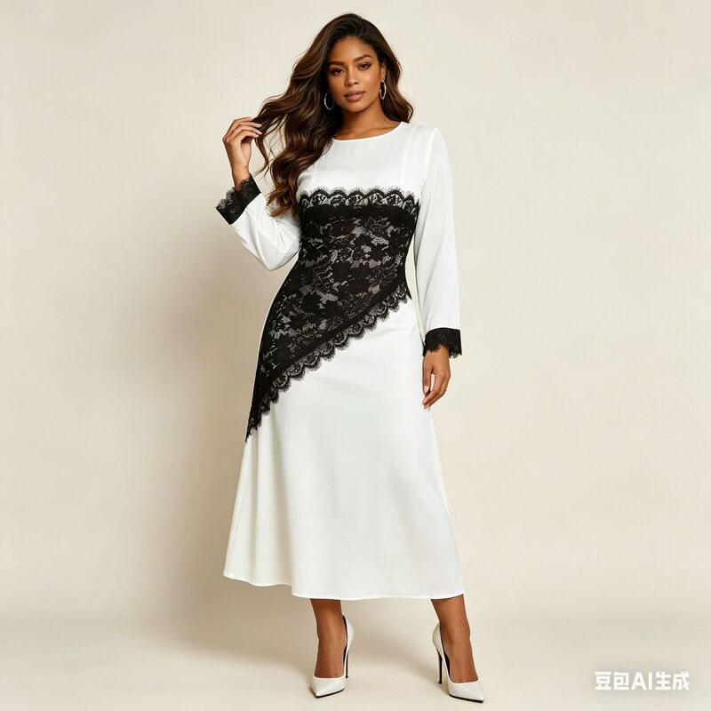 Cross-Border Women's Clothing 2026 New Arrivals: High-End Elegant Long-Sleeve Lace Patchwork Long Dress Wholesale Cross-Border Women's Clothing 2026 New Arrivals: High-End Elegant Long-Sleeve Lace Patchwork Long Dress Wholesale