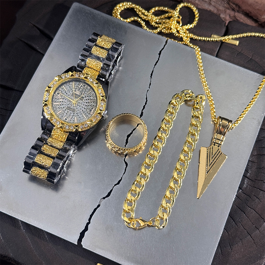 Cross-Border Hot Selling Fashion Laojia Full Diamond Belt Hip-Hop Men and Women Couple Watch Bracelet Ring Necklace Set