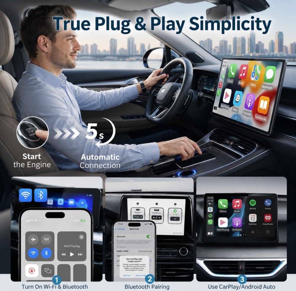 Cross-Border Hot-Selling Wired-To-Wireless Carplay Box Android Auto Two-In-One Car Connectivity Adapter