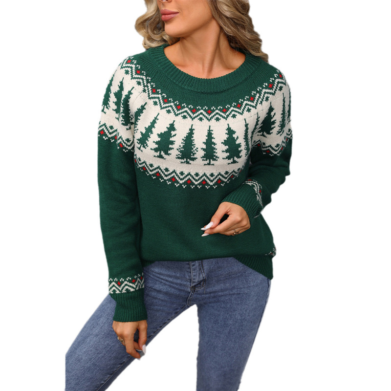 2026 Winter New European and American Foreign Trade Cross-Border Christmas Sweater Round Neck Jacquard Christmas Tree Green Sweater for Women