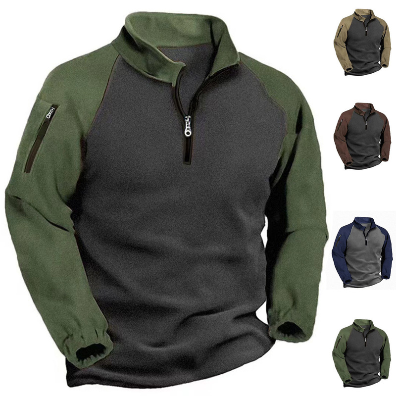 Cross-Border Popular Foreign Trade Amazon Tactical Fleece Jacket Men's Warm Stand-Up Collar Pullover Color-Blocked Zipper Sweatshirt Jacket