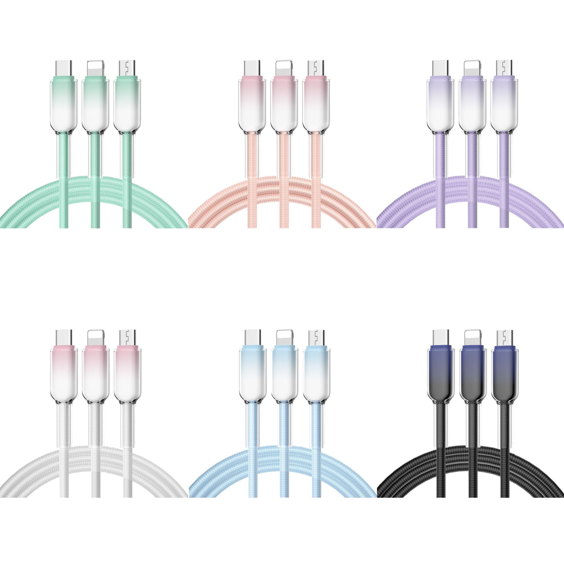 Cable de datos de carga rápida de uno a tres degradado de cristal de hielo de 120W para Huawei, Apple, Android, carga tejida tres en uno