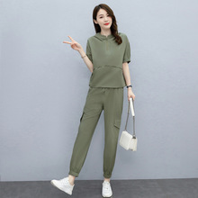 2021夏季新款韓版短袖休閑長褲運動套裝女舒適冰涼透氣兩件套代發