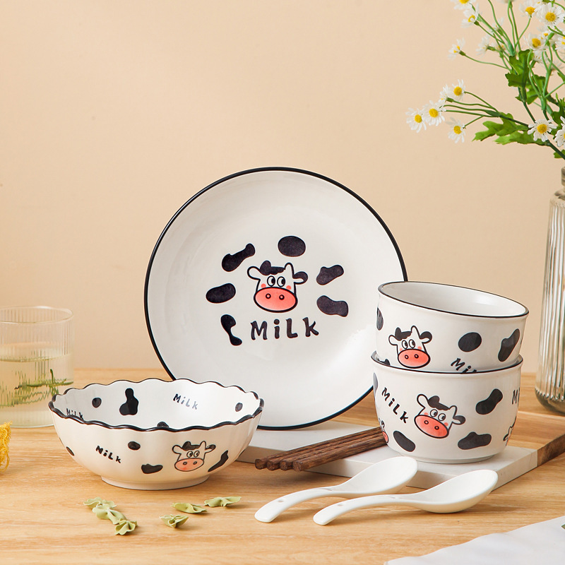 Ins高颜値陶磁双耳泡麺碗かわいいアニメ釉薬下彩餃子皿家庭用サラダ碗ハンドル碗|undefined