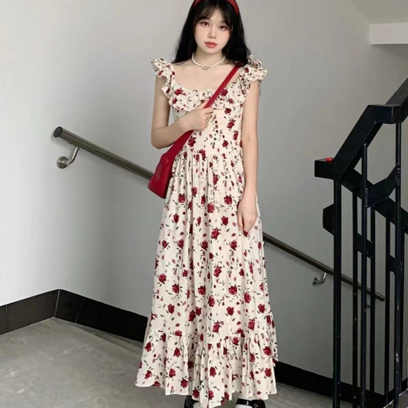 法式复古玫瑰小飞袖连衣裙女夏新收腰显瘦气质方领碎花中长款裙子|undefined