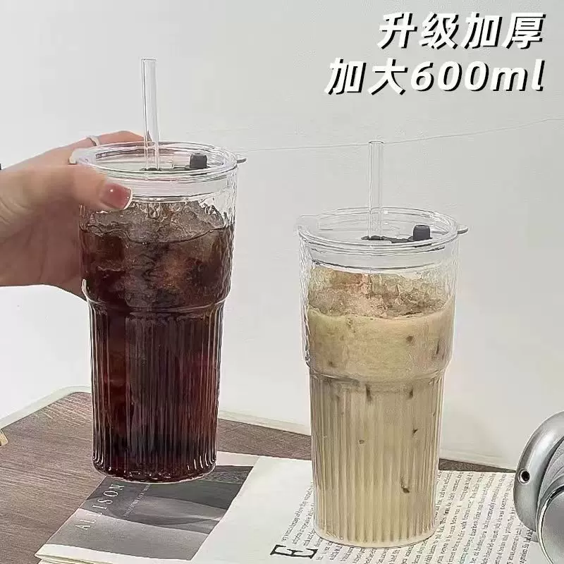 ins风高颜值耐热玻璃竖条纹高款竹节吸管杯带盖咖啡杯冰沙奶茶杯