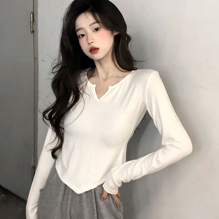 长袖T恤女秋冬新款韩版不规则小众少女修身百搭上衣学生打底衫潮