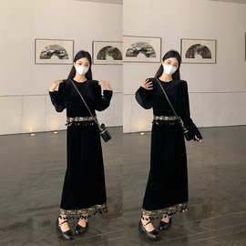 2025年新款高端赫本风亮片拼接金丝绒连衣裙上衣半裙两件套裙装