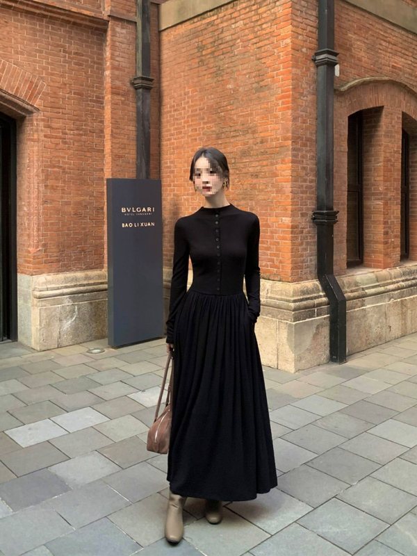 显瘦黑色长袖针织连衣裙女春秋韩系收腰修身气质打底裙长裙子|undefined
