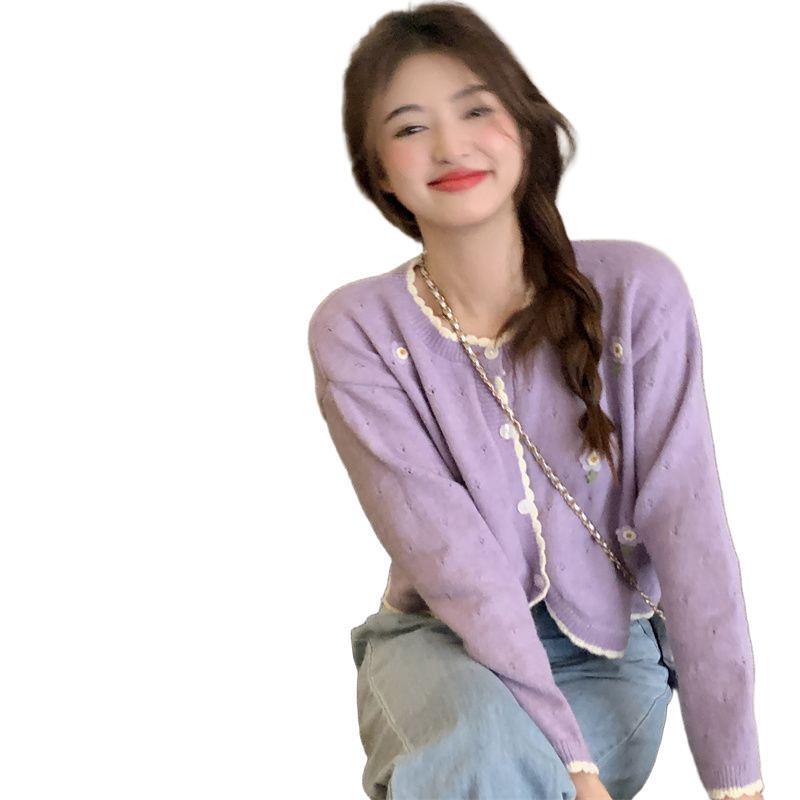 花朵刺绣白色短款毛衣外套女春季甜美温柔风宽松外搭圆领针织开衫|undefined