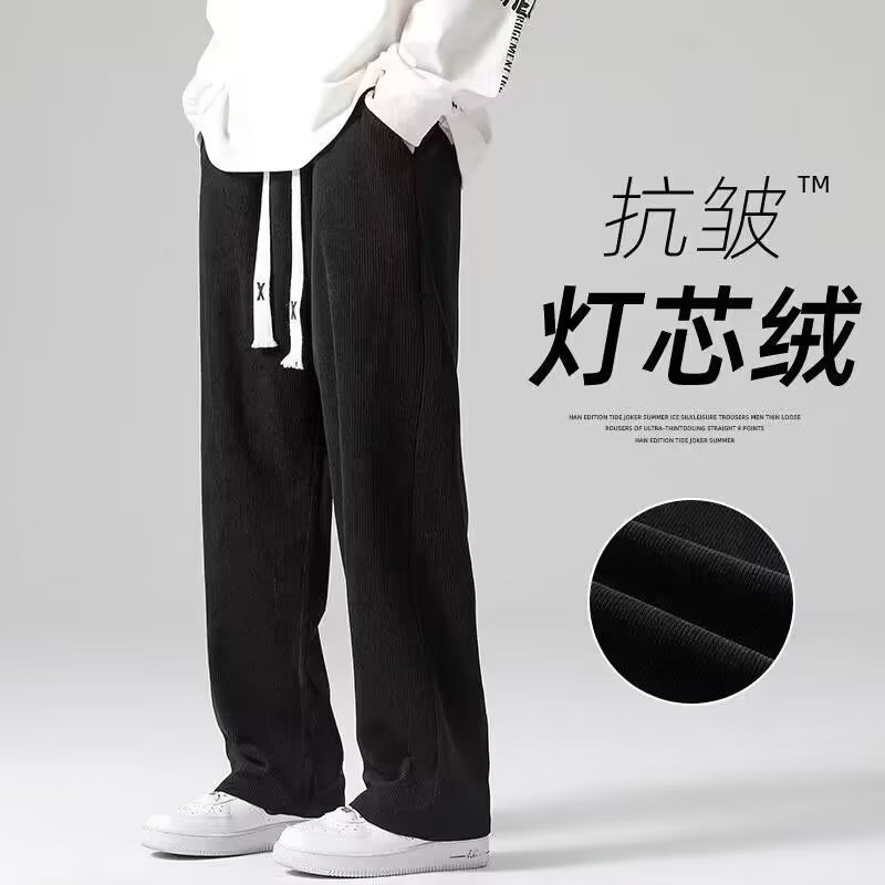 2025 Autumn/Winter Fleece-Lined Thick Corduroy Pants for Men, Trendy Brand, Straight Leg, Loose Fit, Wide Leg, Sports Pants