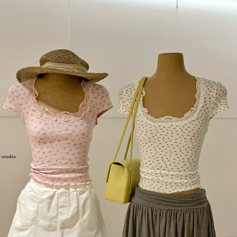 WGWE10381 Summer New Women's Clothing Guangzhou Thirteen Lines Light Mature Style Square Neck Lace Slim Fit Short Sleeve T-Shirt Top WGWE10381 Summer New Women's Clothing Guangzhou Thirteen Lines Light Mature Style Square Neck Lace Slim Fit Short Sleeve T-Shirt Top