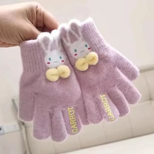 Baby's Gloves Winter Children's Finger Warm fleece-lined Baby's Neck Windproof Bag Finger Children's Lanyard Five Finger Set