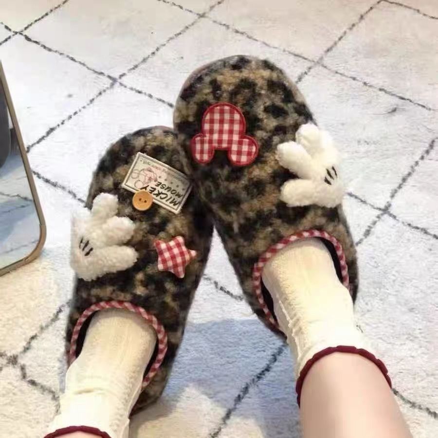 豹纹米奇加绒棉鞋高颜值圣诞节礼物冬季保暖居家棉拖鞋可爱毛毛鞋