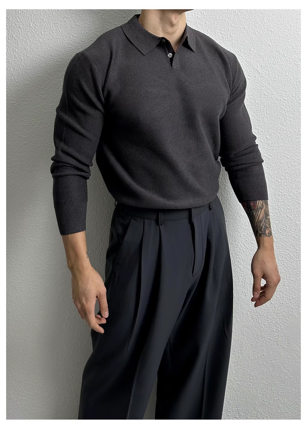 Oversized Polo Knit Sweater For Men – Business Casual Long Sleeve Pullover, Plus Size European Fit (Black/Beige/Gray)_viptrois.com