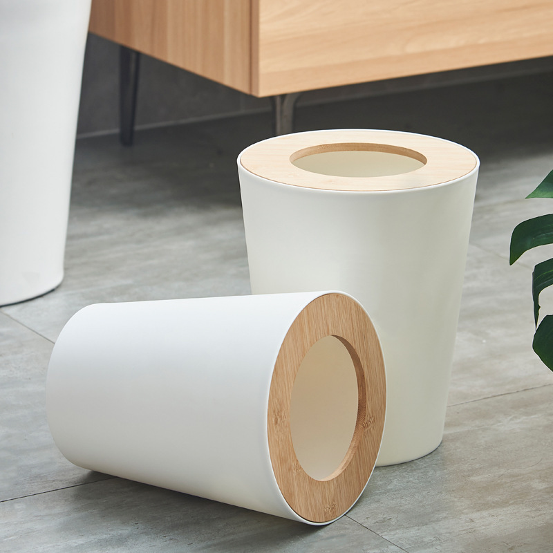 Round Bamboo Cover Trash Bin Creative Plaid Large Capacity Trash Bin Household Living Room Bedroom Bathroom Universal