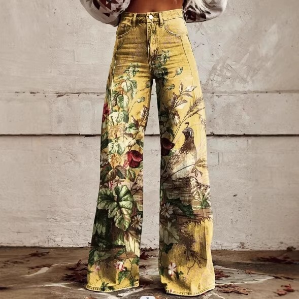 American retro printed wide-leg pants for women, spring/summer high-waisted straight faux denim trousers, unique design with a slimming effect American retro printed wide-leg pants for women, spring/summer high-waisted straight faux denim trousers, unique design with a slimming effect