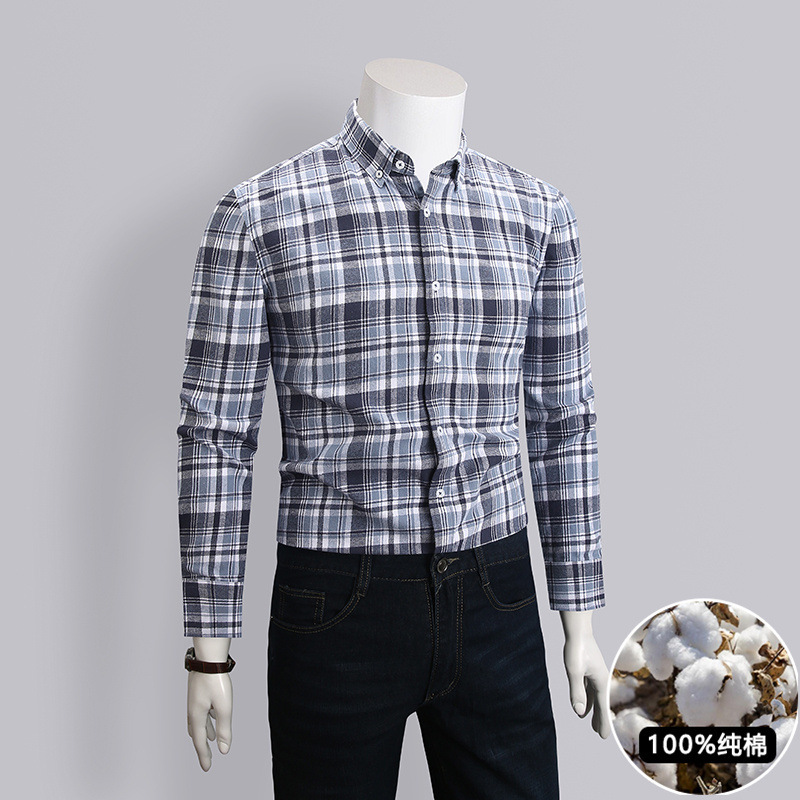 Early Spring New Style Pure Cotton Brushed Cotton Shirt Men's Long-Sleeved Plaid Business Casual Cotton Shirt for Young and Middle-Aged People Business Shirt Early Spring New Style Pure Cotton Brushed Cotton Shirt Men's Long-Sleeved Plaid Business Casual Cotton Shirt for Young and Middle-Aged People Business Shirt