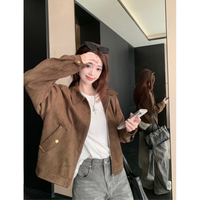 美拉德棕色仿麂皮绒外套女秋冬新款美式复古小个子短款夹克上衣|undefined