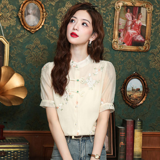 Real shot 2025 summer new short sleeve shirt new Chinese lady bubble sleeve shirt top women