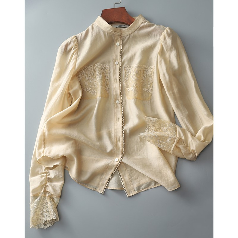 Áo sơ mi nữ tay dài chất liệu lụa pha linen, thêu túi phong cách Pháp — đen chi tiết 2