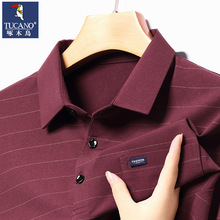 啄木鸟名牌长袖T恤男士中年翻领棉质polo衫有带口袋爸爸休闲T恤