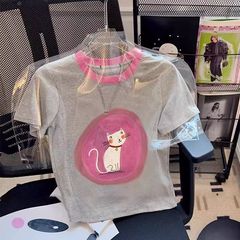 2025新型夏の肩の半袖tシャツ女性の洋気減齢アメリカの修身はやせている短いタイプの猫の上着を見せます。