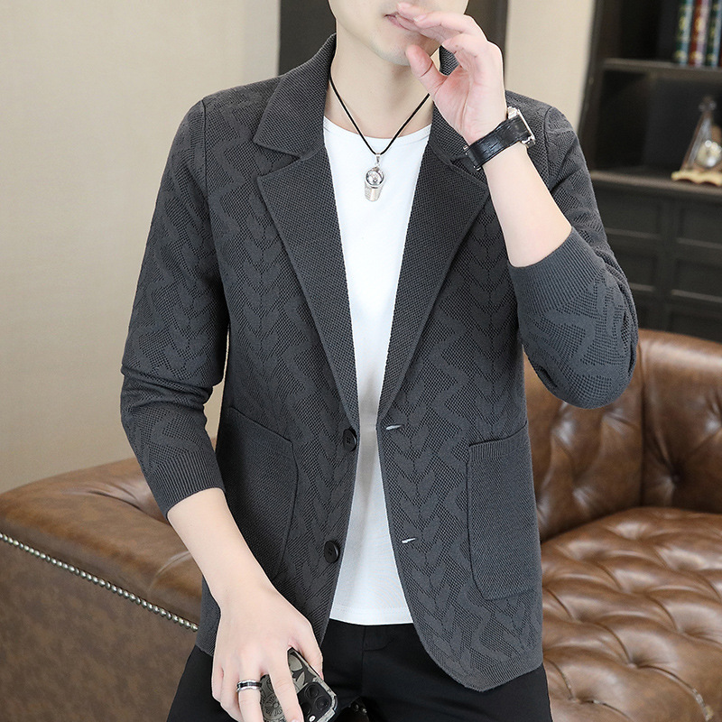 新款男士针织西装针织衫毛衣开衫春秋季翻领外套时尚高档休闲|undefined